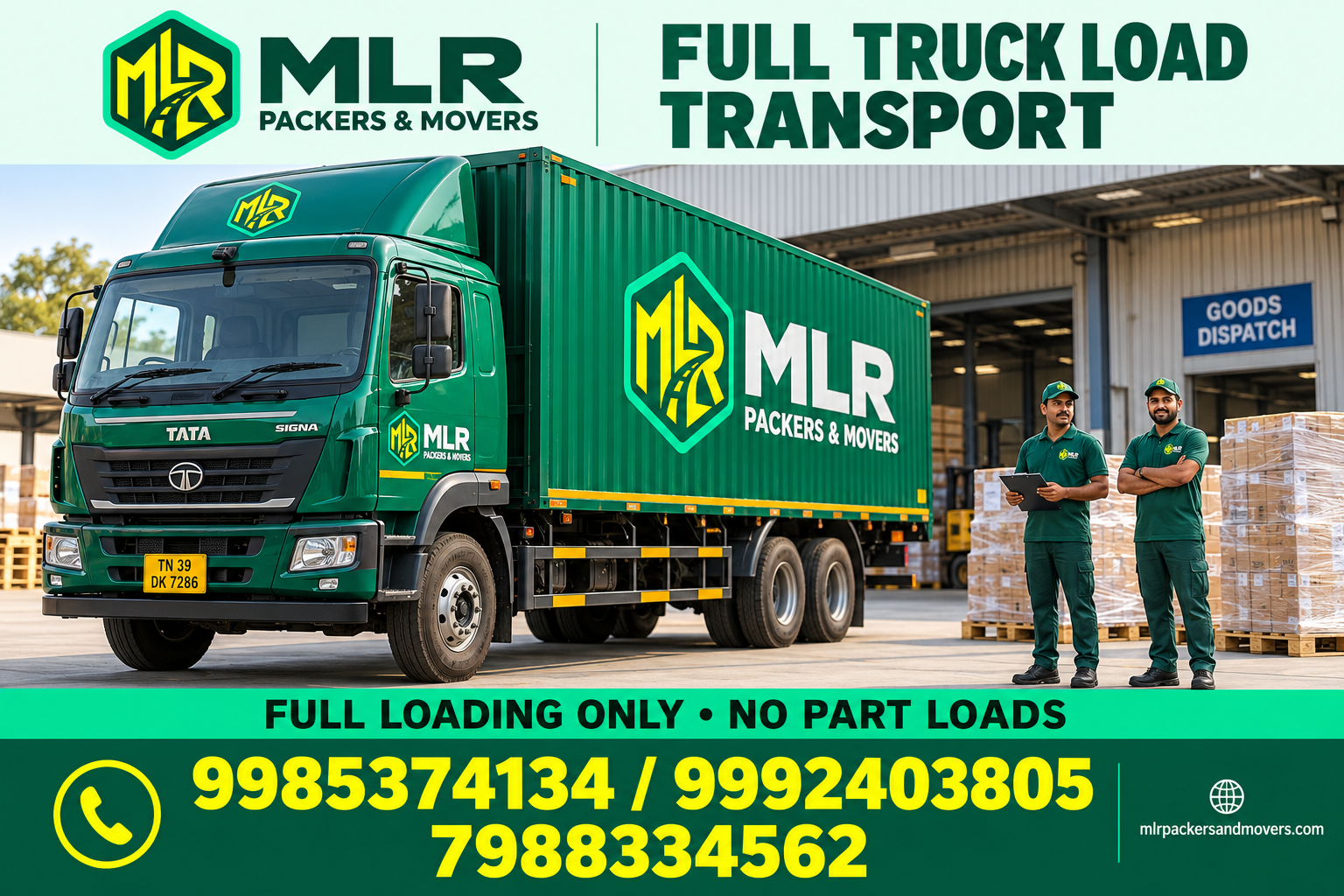 MLR Full Truck Load (FTL) Transport — branded promotional image with logo and phone numbers