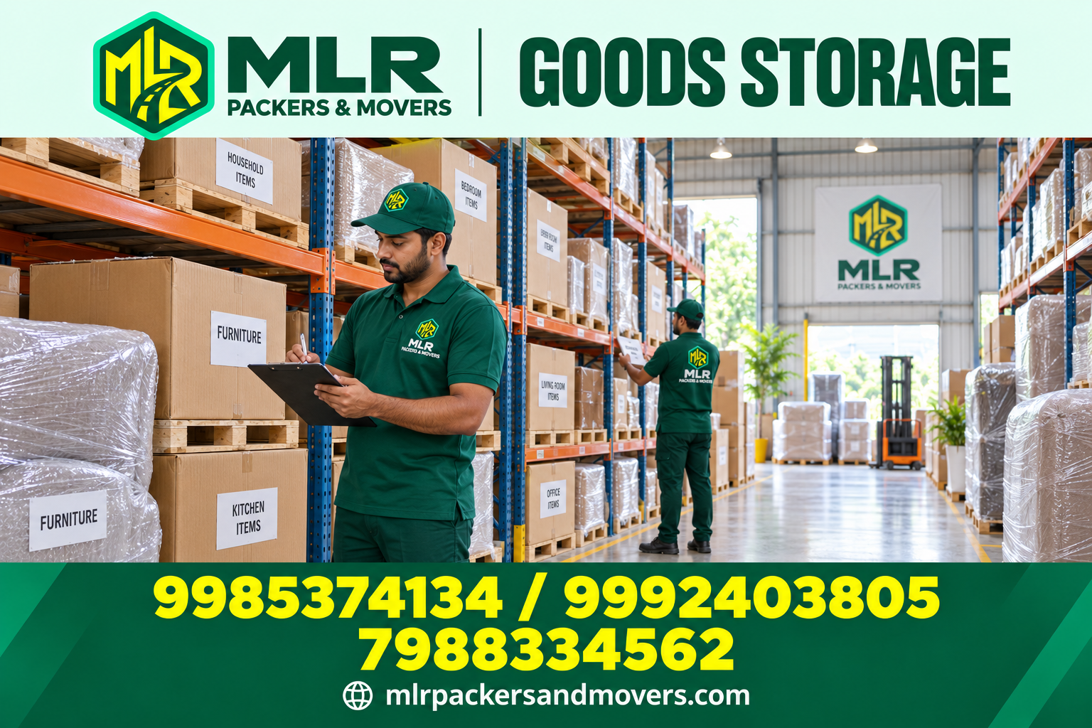 MLR Goods Storage — branded promotional image with logo and phone numbers