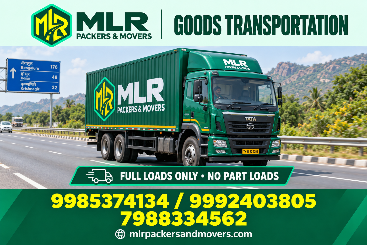 MLR Moving / Goods Transportation — branded promotional image with logo and phone numbers
